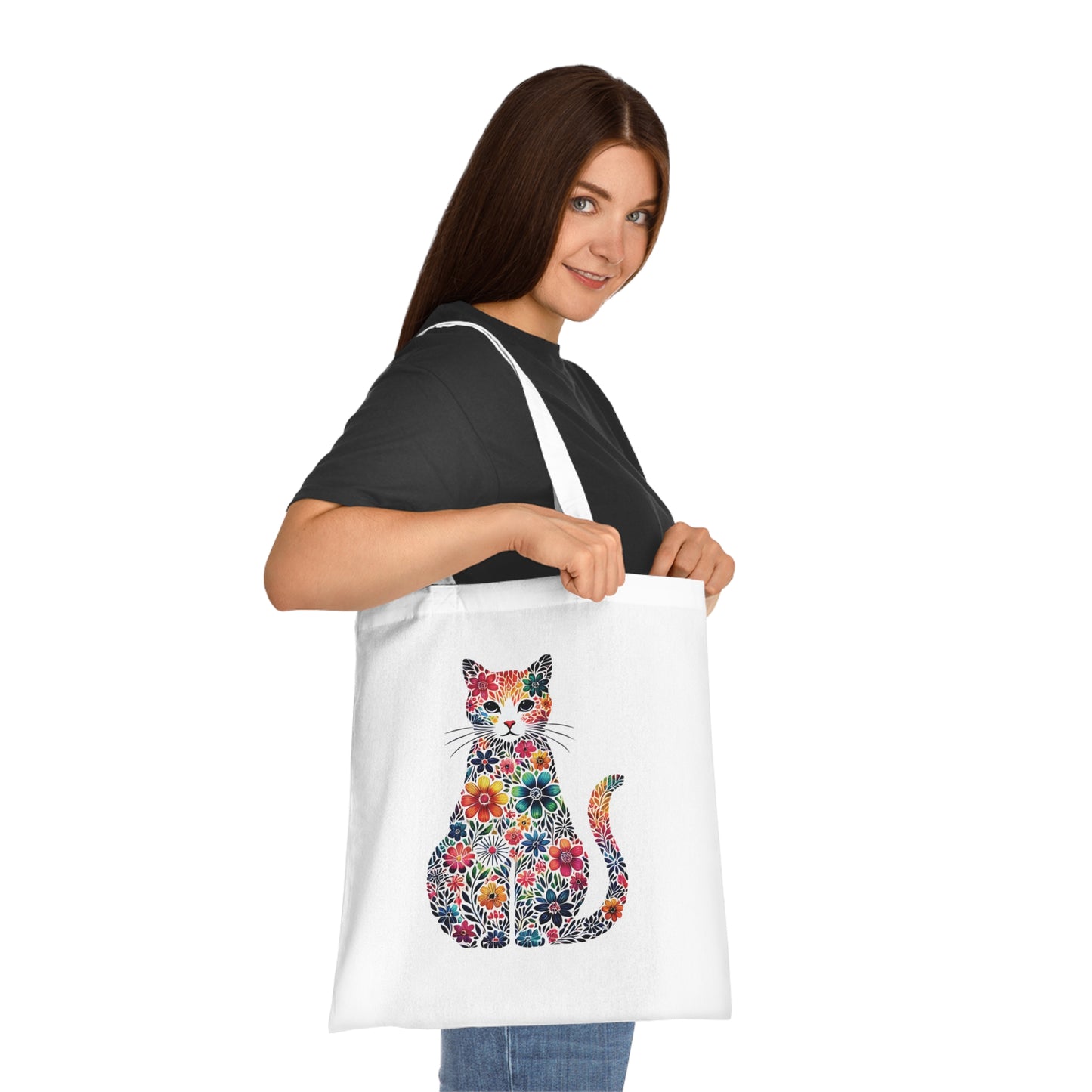 Floral Cat Cotton Tote Bag - Eco-Friendly Shopping Bag