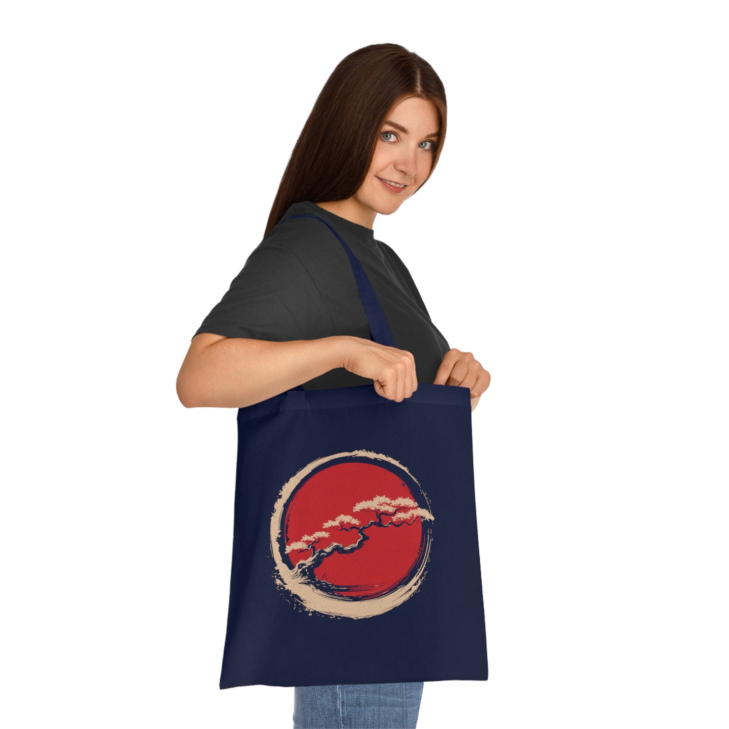 Zen-Inspired Cotton Tote Bag with Red Circle Design