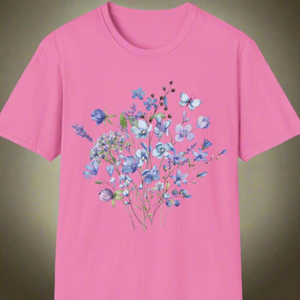 Blue floral design soft style t-shirt - Print Fusions