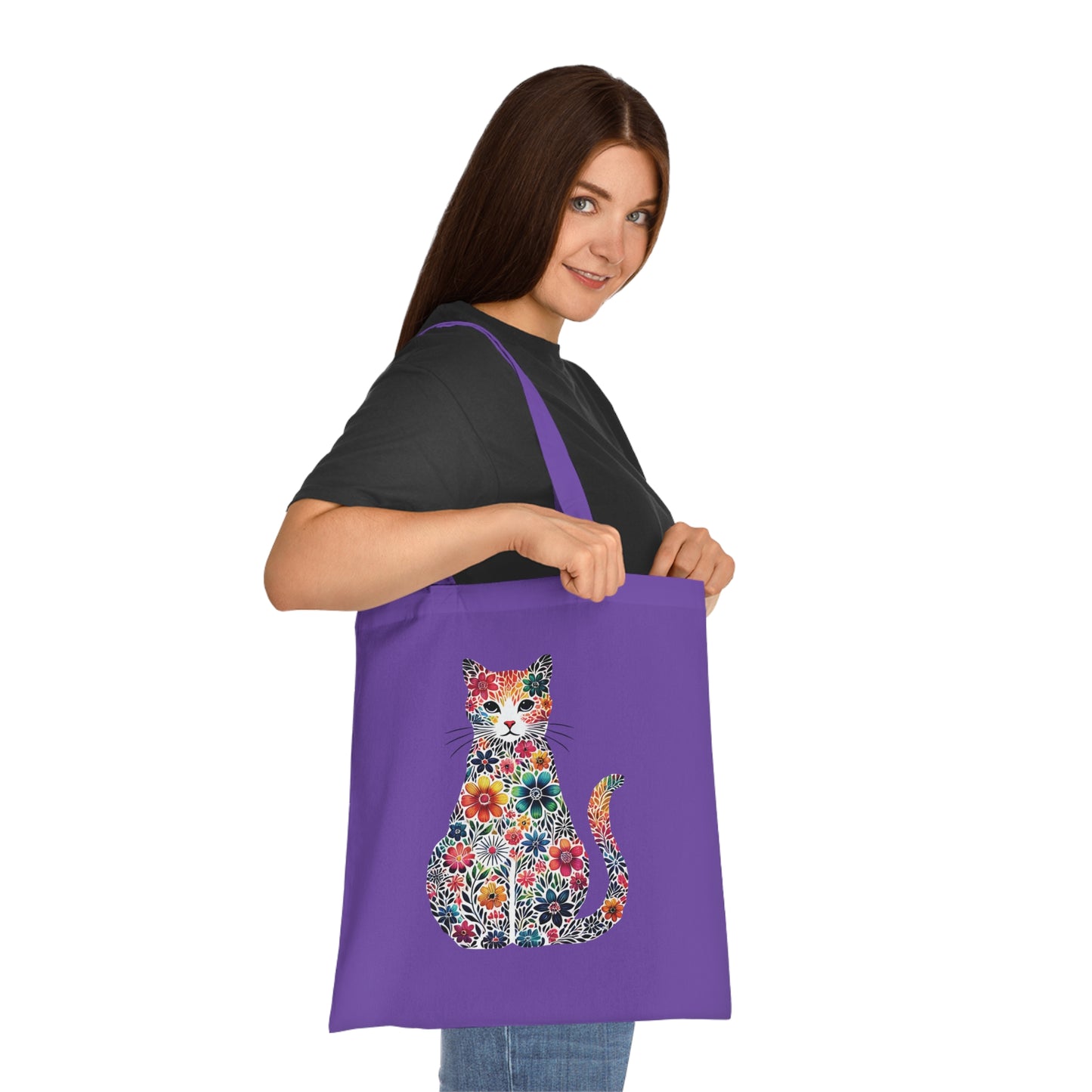 Floral Cat Cotton Tote Bag - Eco-Friendly Shopping Bag