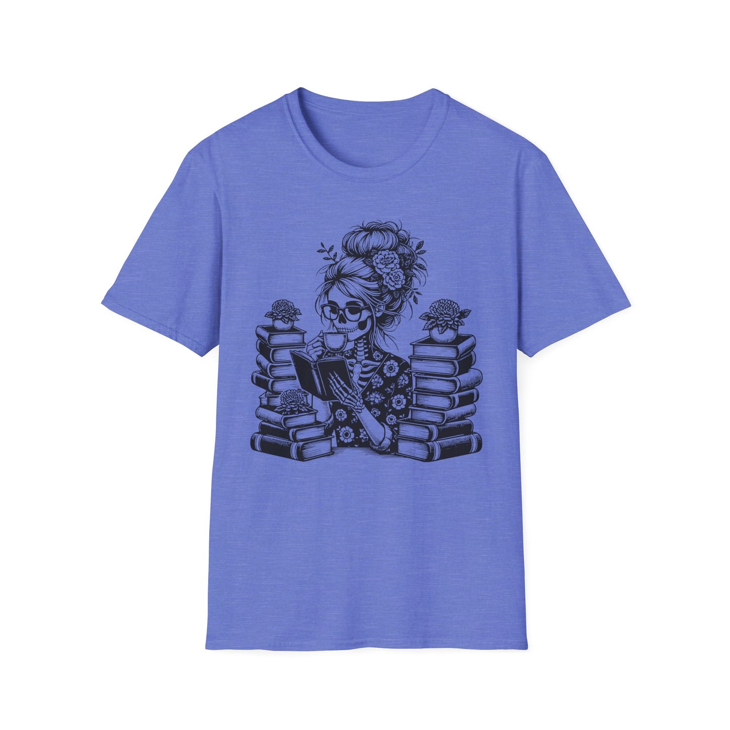 Skeleton Lady T-Shirt with Coffee and Books Design - Print Fusions