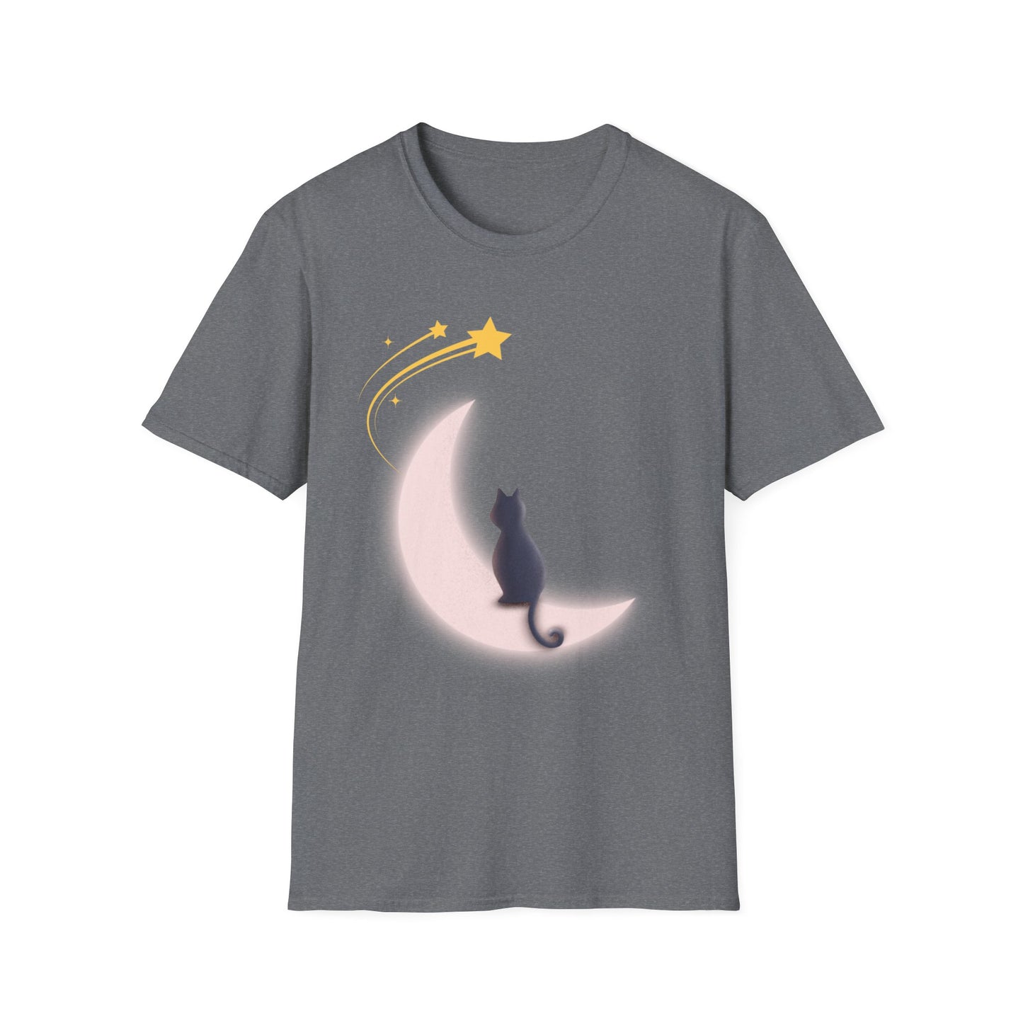 Celestial Cat Dreams T-Shirt - Cat on Moon with Shooting Star Graphic Tee - Print Fusions