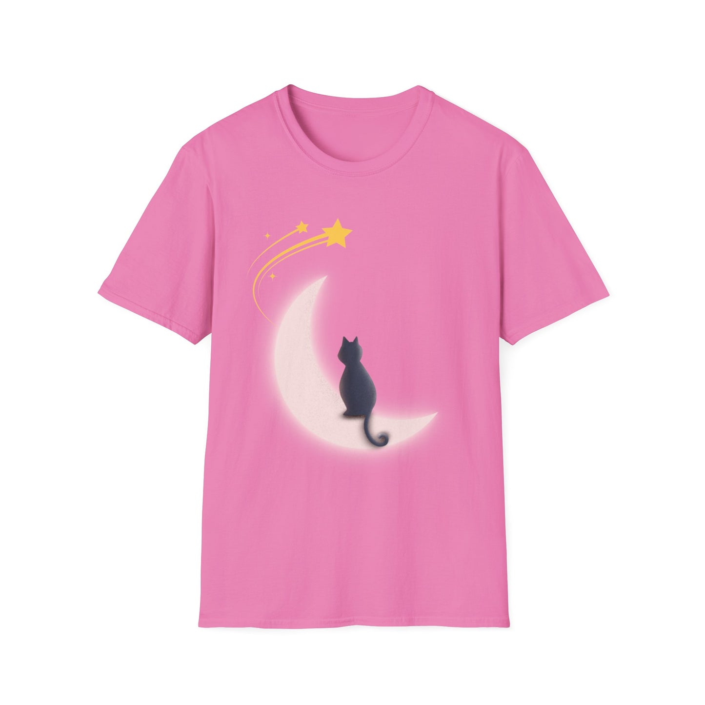 Celestial Cat Dreams T-Shirt - Cat on Moon with Shooting Star Graphic Tee - Print Fusions