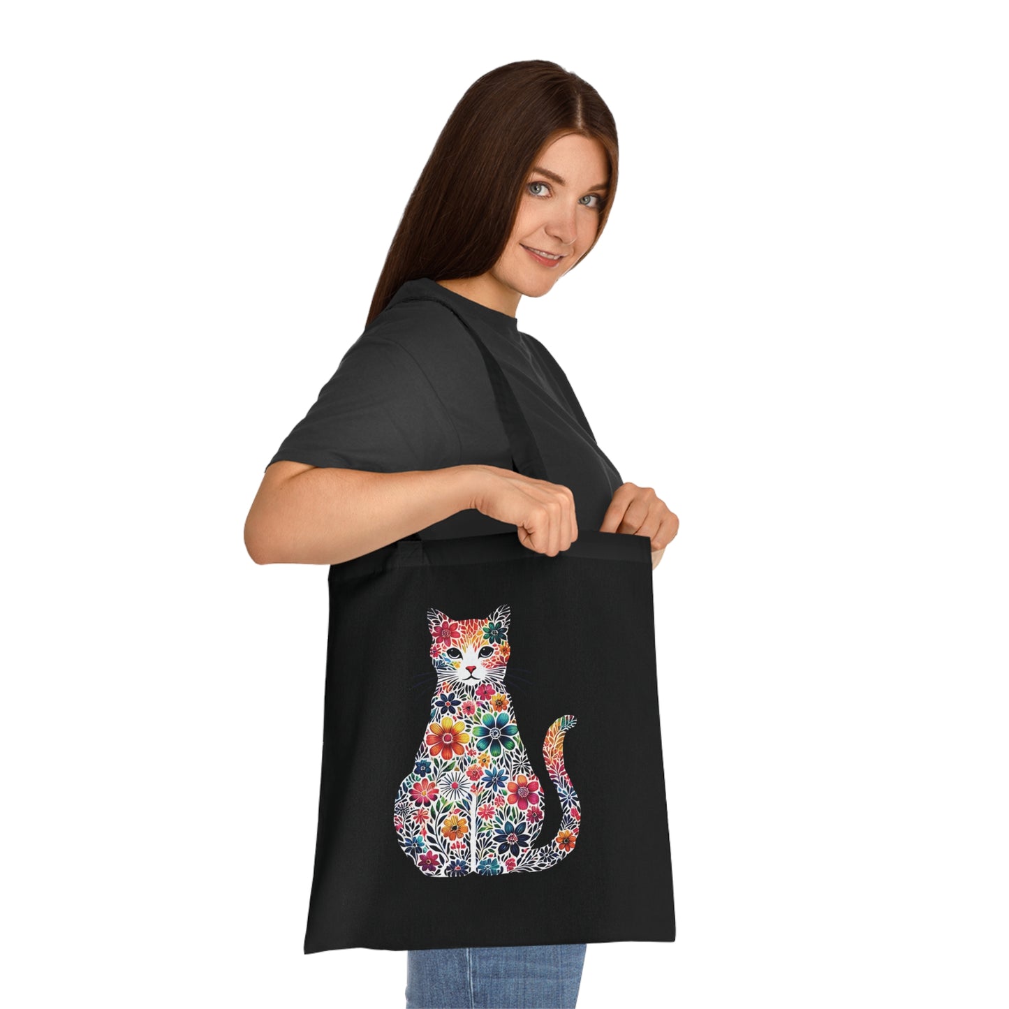 Floral Cat Cotton Tote Bag - Eco-Friendly Shopping Bag