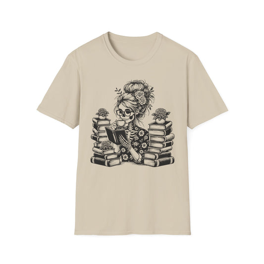 Skeleton Lady T-Shirt with Coffee and Books Design - Print Fusions