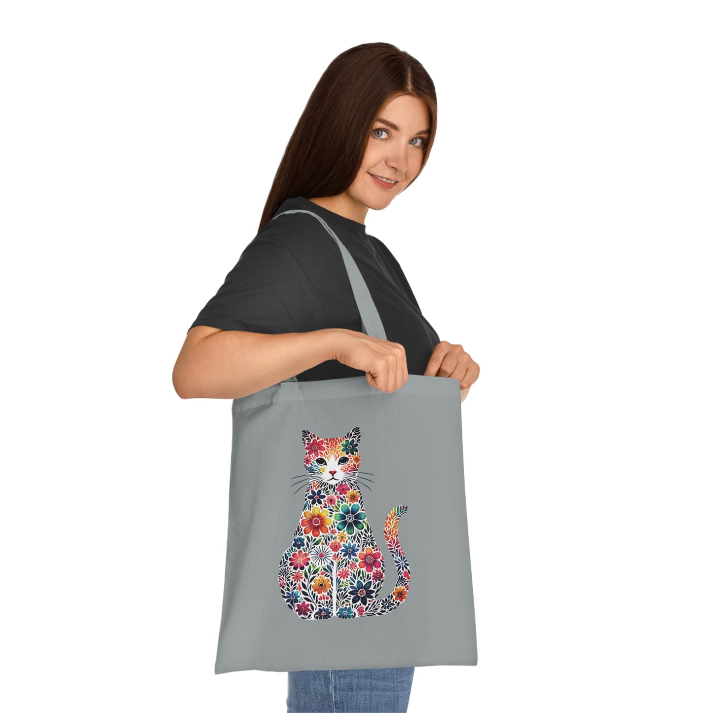 Floral Cat Cotton Tote Bag - Eco-Friendly Shopping Bag