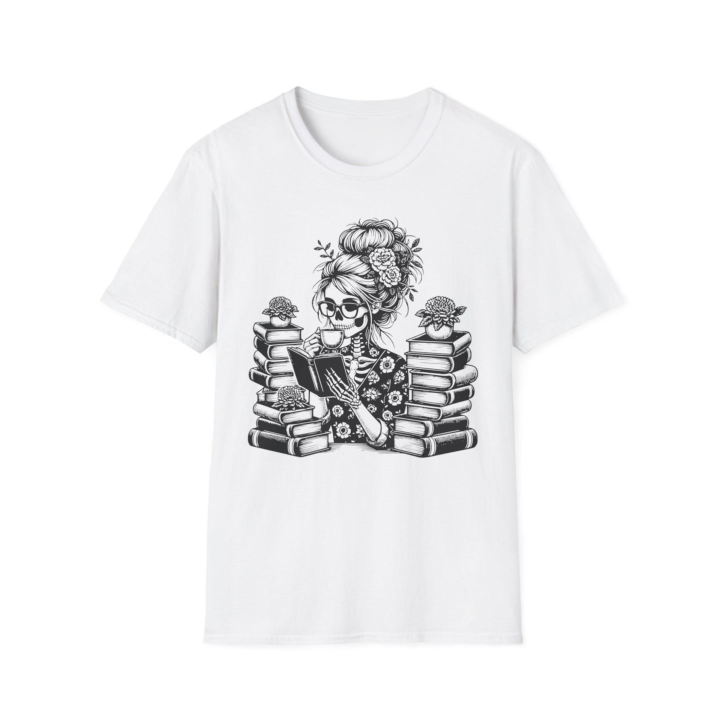 Skeleton Lady T-Shirt with Coffee and Books Design - Print Fusions