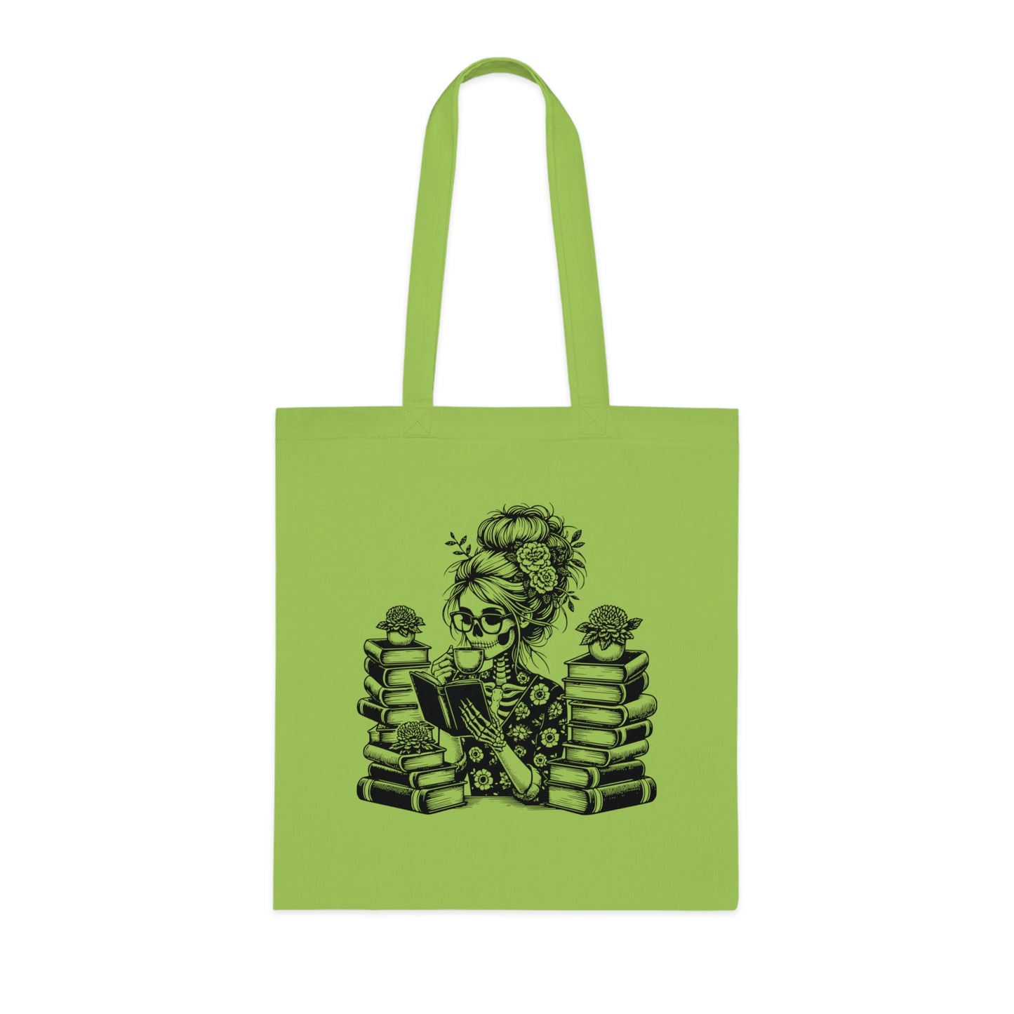 Skeleton reading a book tote bag