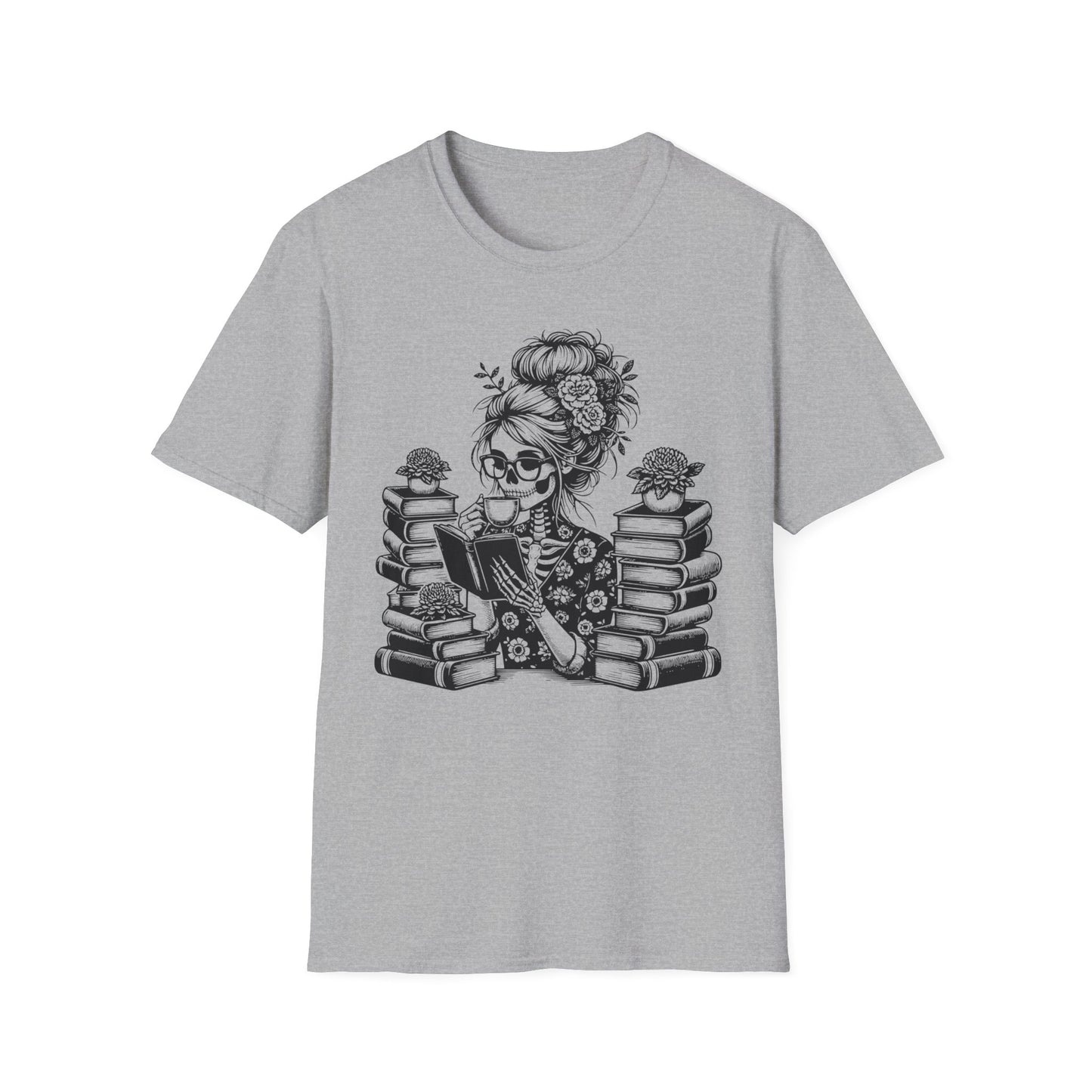 Skeleton Lady T-Shirt with Coffee and Books Design - Print Fusions