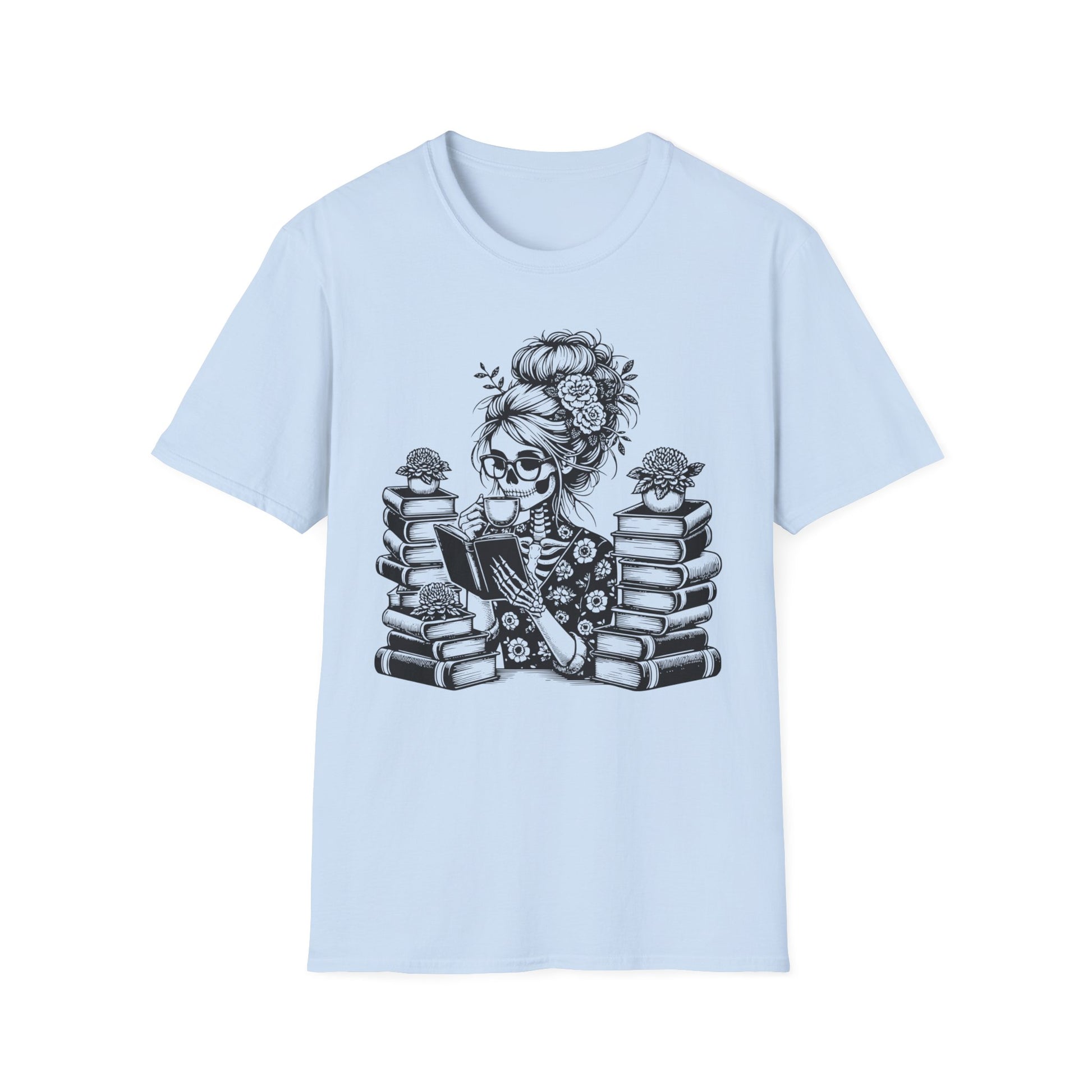 Skeleton Lady T-Shirt with Coffee and Books Design - Print Fusions