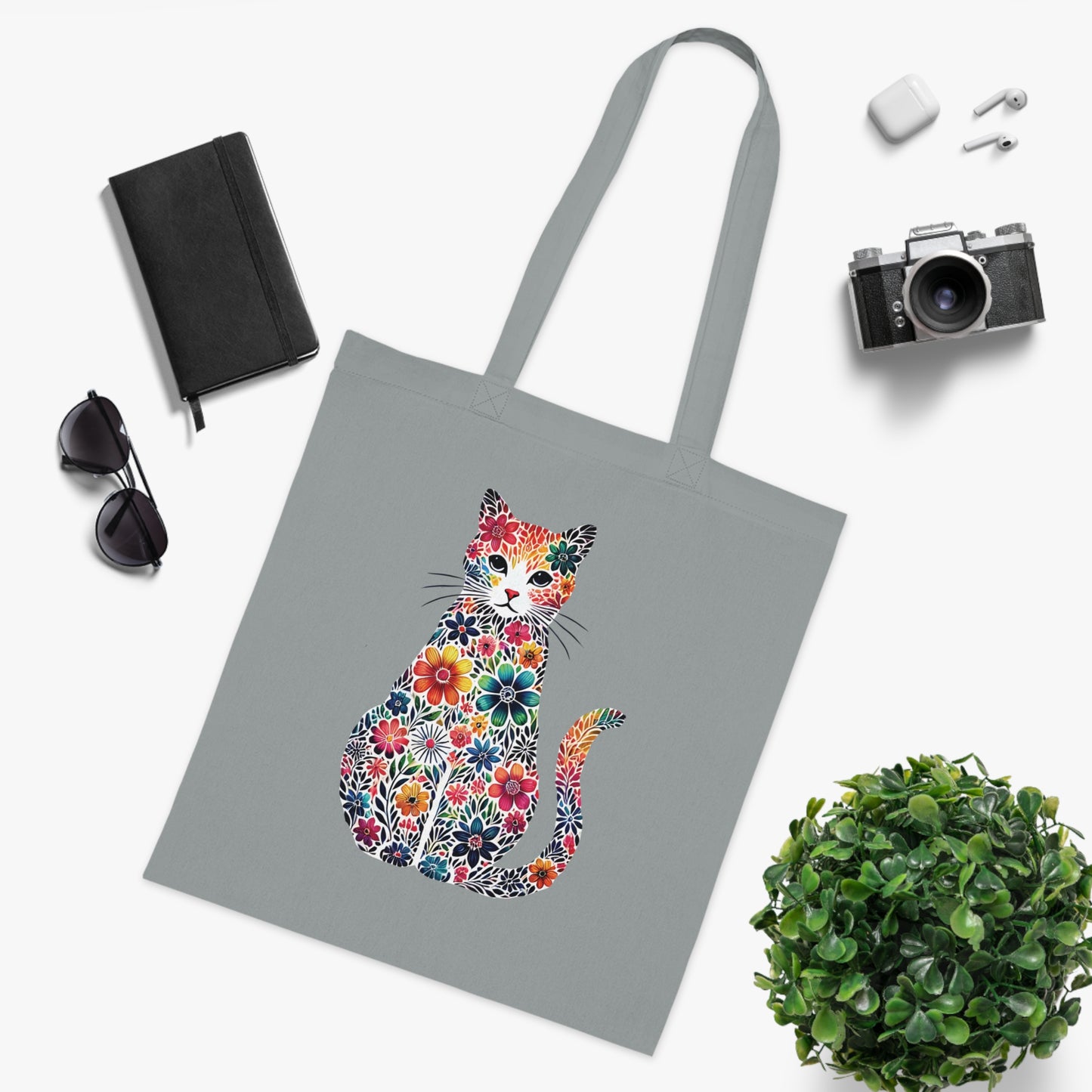 Floral Cat Cotton Tote Bag - Eco-Friendly Shopping Bag