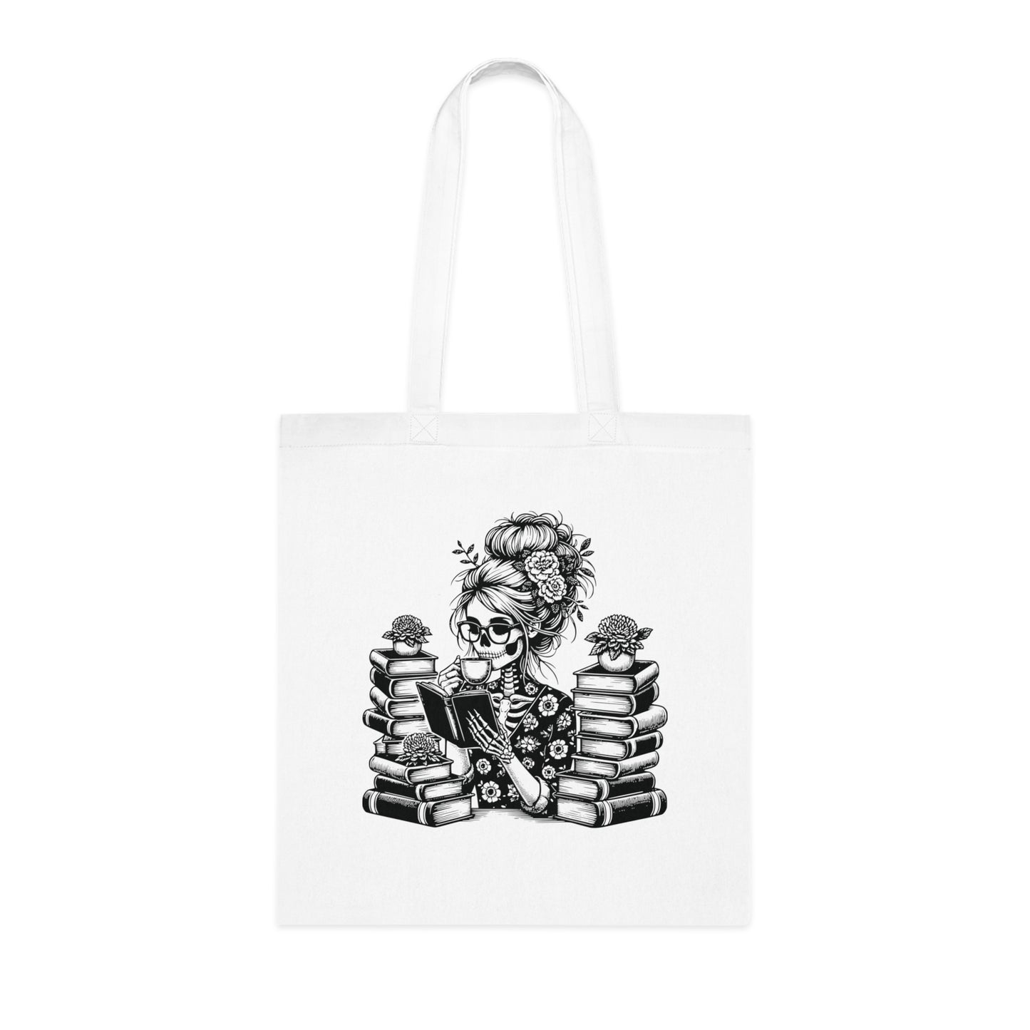 Skeleton reading a book tote bag