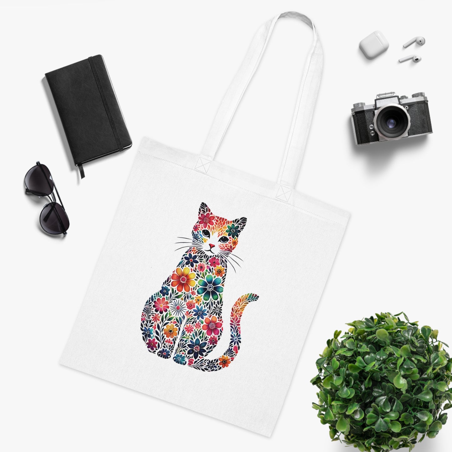 Floral Cat Cotton Tote Bag - Eco-Friendly Shopping Bag