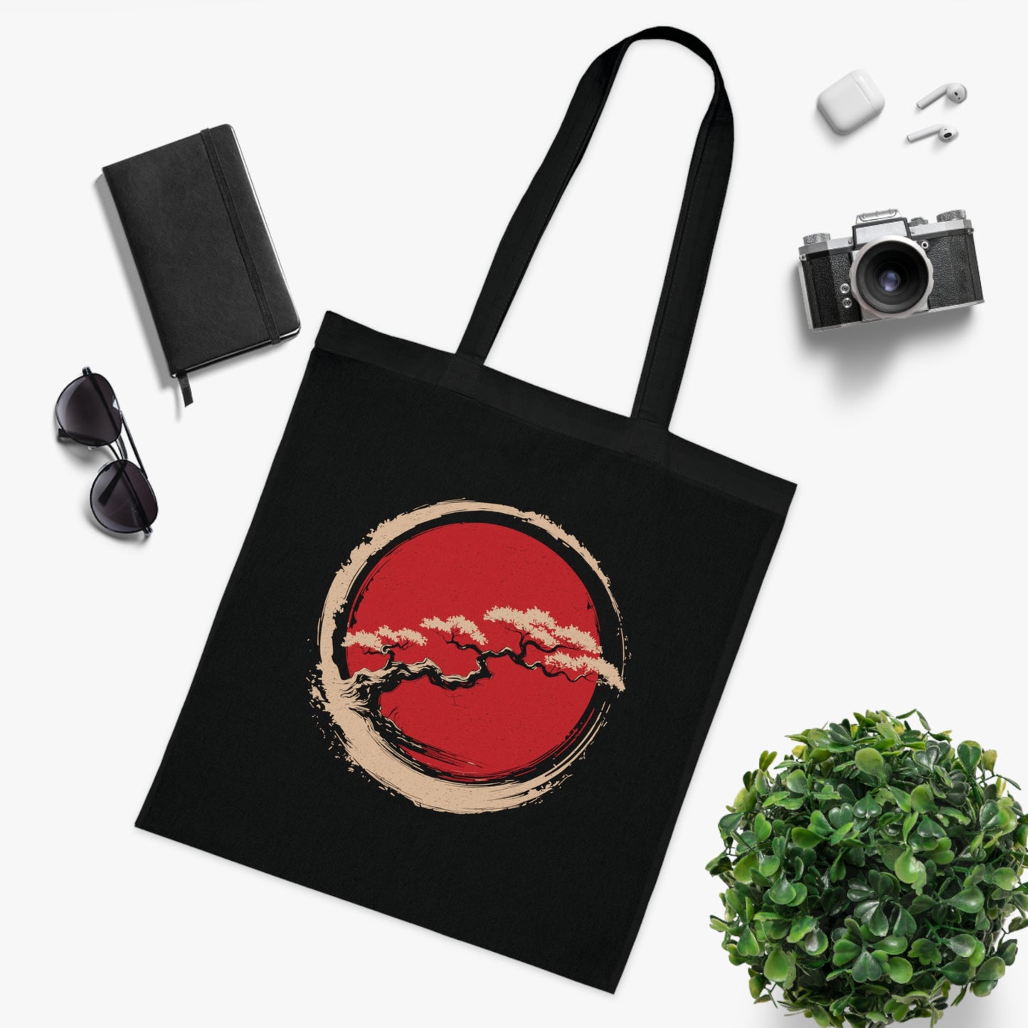 Zen-Inspired Cotton Tote Bag with Red Circle Design