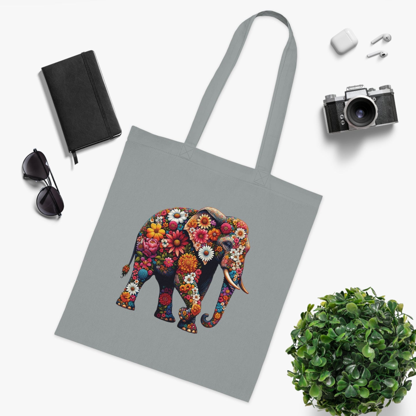 Floral Elephant Cotton Tote Bag