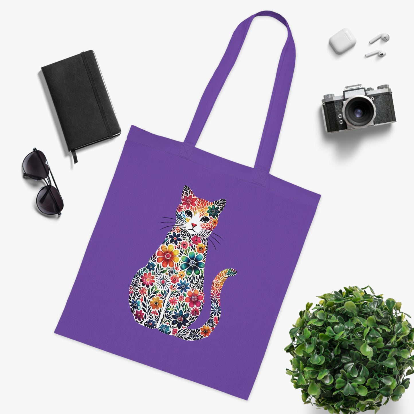 Floral Cat Cotton Tote Bag - Eco-Friendly Shopping Bag