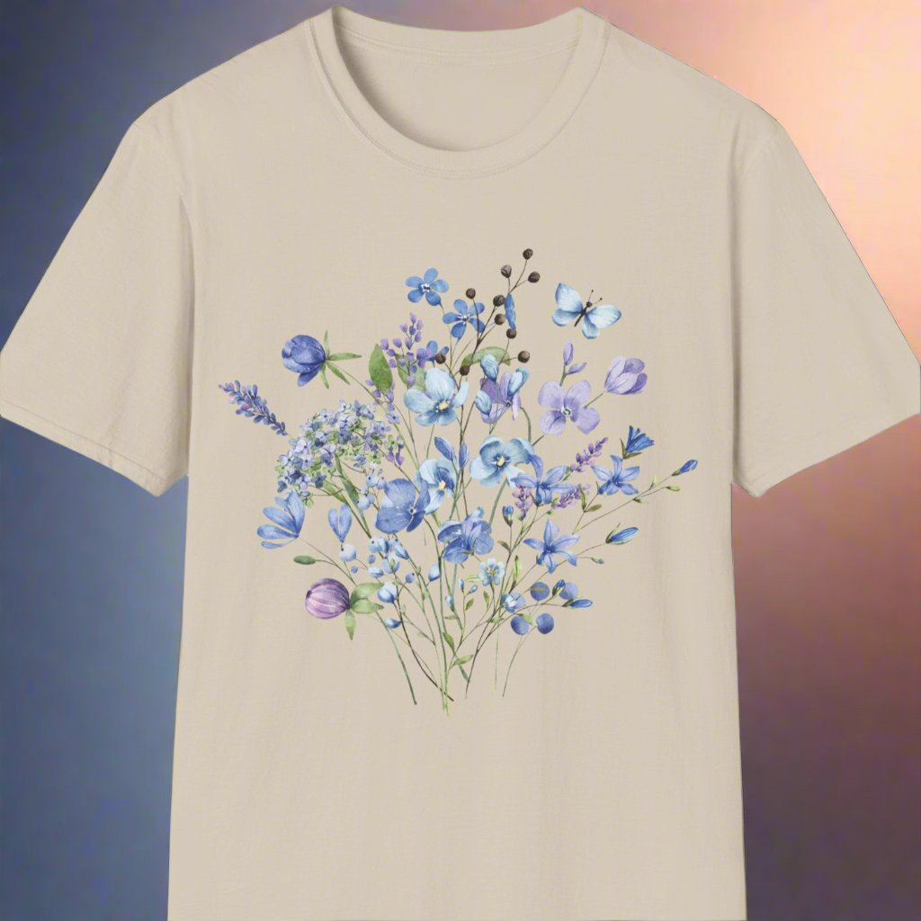 Blue floral design soft style t-shirt - Print Fusions