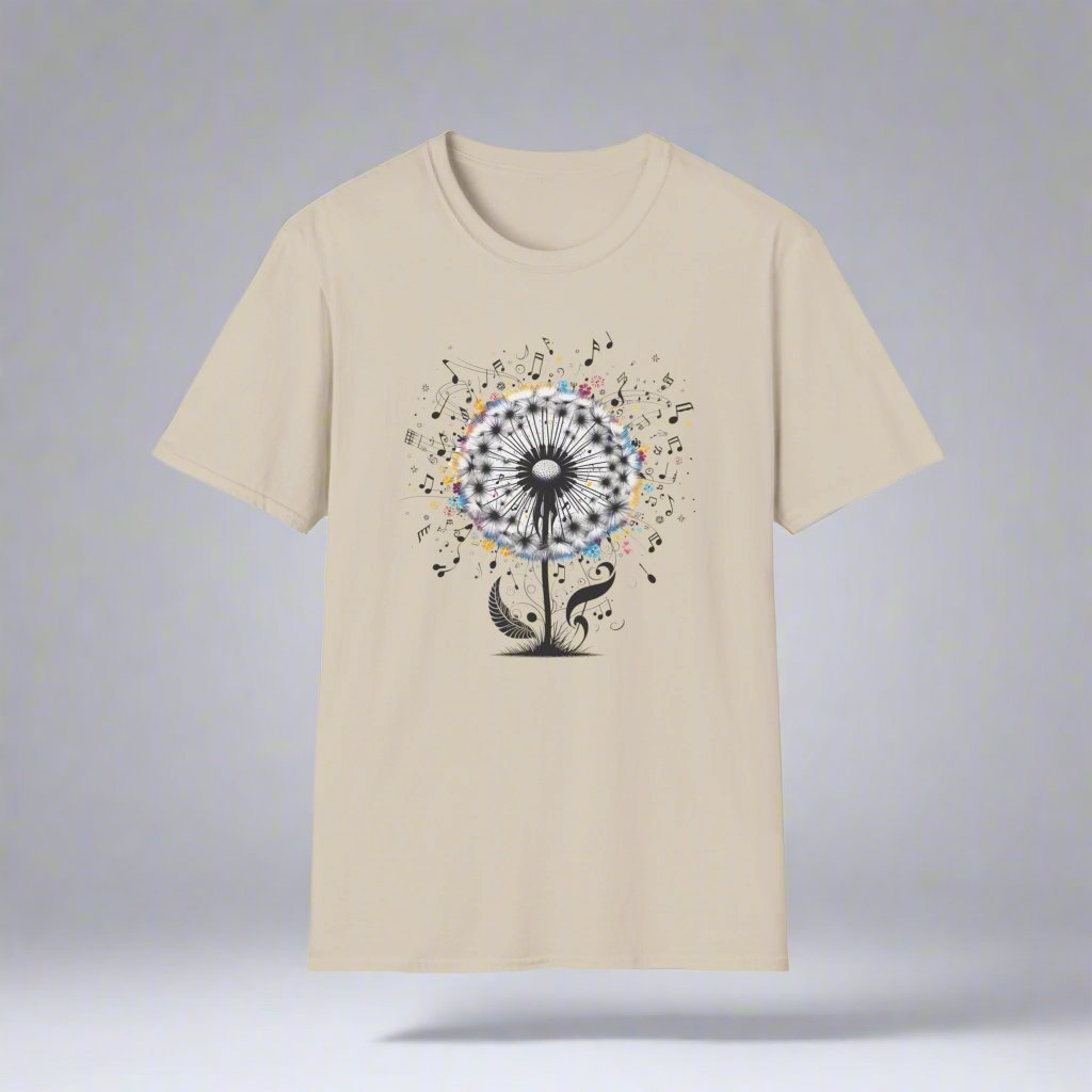 This T-Shirt features a dandelion design with music notes flowing from it, giving off a whimsical and artistic vibe