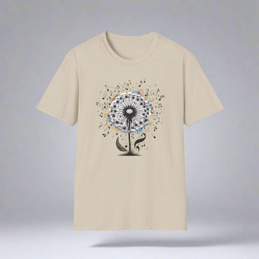 This T-Shirt features a dandelion design with music notes flowing from it, giving off a whimsical and artistic vibe